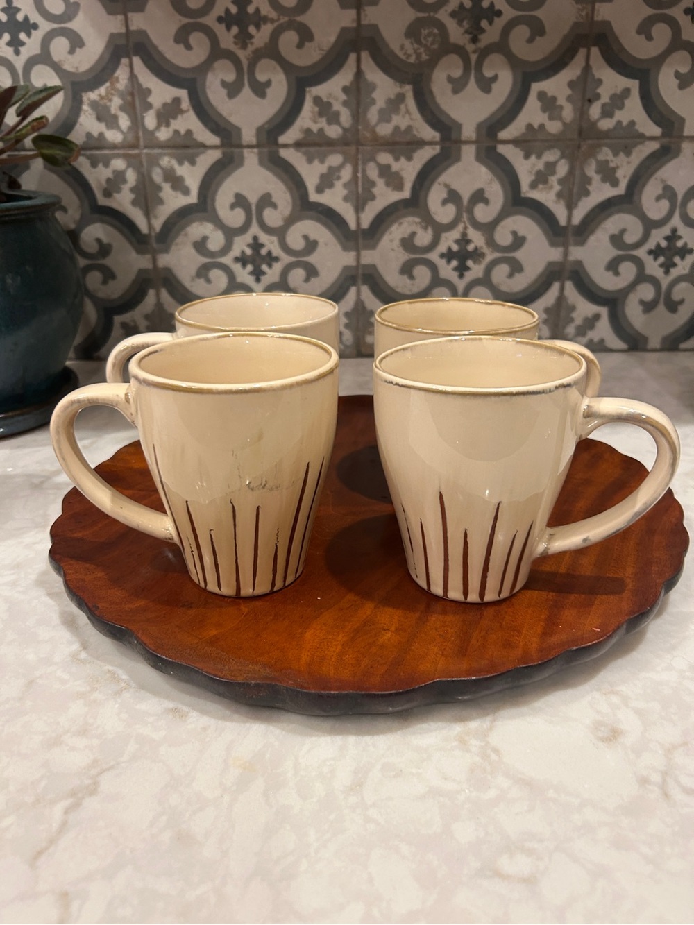 Vintage Pier 1 Imports Sanctuary Stoneware Coffee Mugs-Sunburst-Set of Four